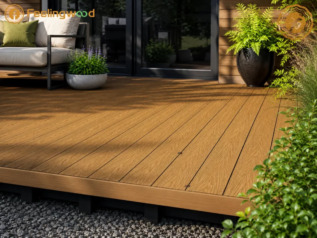 Raised composite decking with visible board gaps, under-deck airflow, gravel drainage, and surrounding plants, showing structural factors that affect local moisture control.