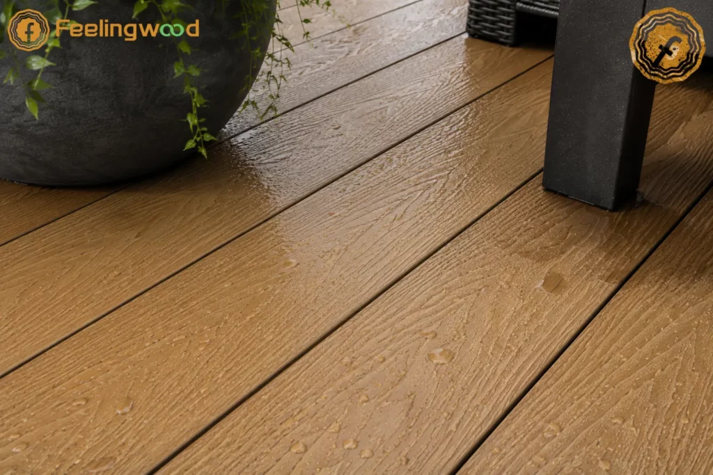 Close-up of composite decking with water droplets, realistic wood grain, board gaps, and nearby planter details, showing how surface characteristics support moisture maintenance.