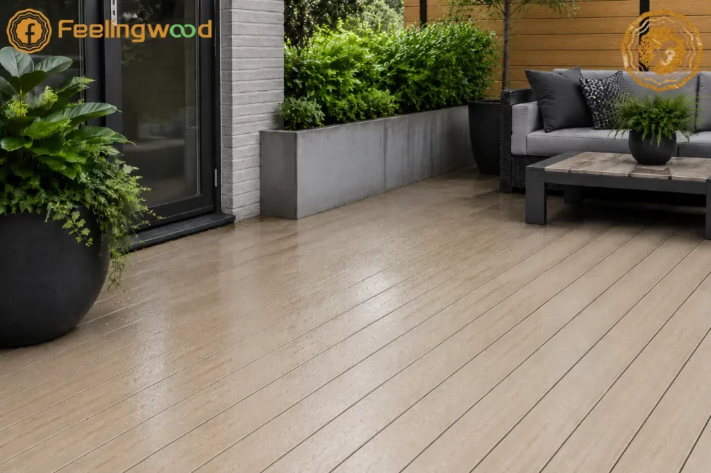 Modern composite decking after rain in a Canadian outdoor living space, showing damp surface conditions, planters, furniture, and shaded areas related to moisture maintenance.