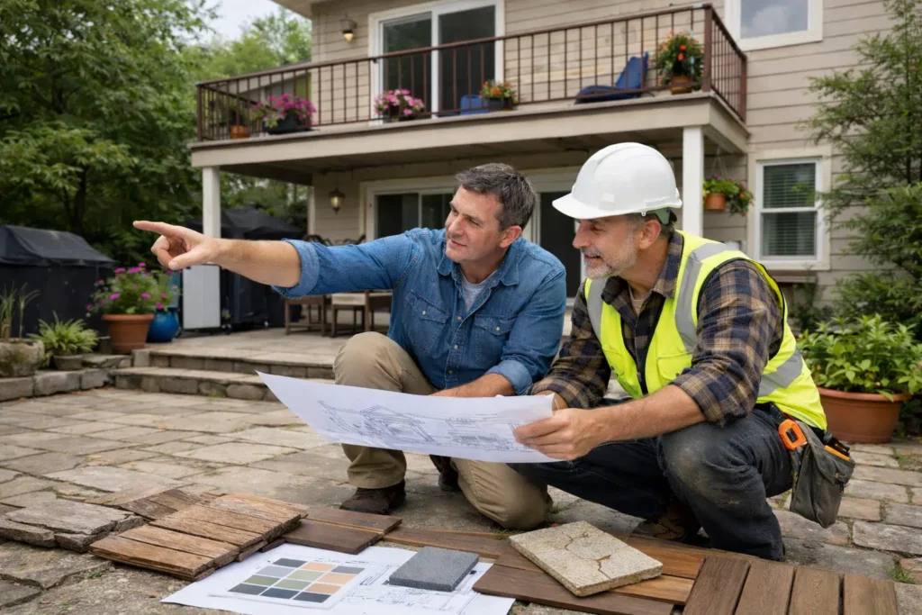 Canadian homeowner and contractor reviewing deck renovation plans and material samples outdoors, discussing exterior renovation options for a residential home in Canada.