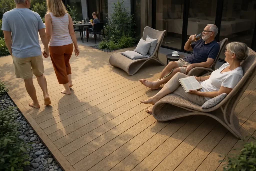Family enjoying time on WPC deck in a small Canadian backyard, showcasing durable, low-maintenance composite decking for comfortable outdoor living.