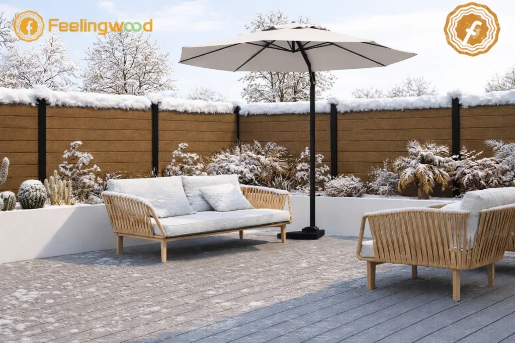 Feelingwood WPC deck and fence installed in Canadian winter backyard, snow-covered luxury outdoor patio, composite materials built for Canadian harsh weather