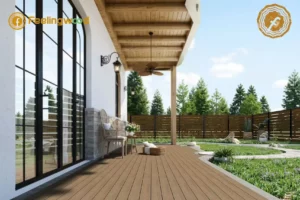 A bright residential backyard patio featuring Feelingwood light brown WPC composite decking and matching horizontal fencing, showcasing a cozy outdoor seating area with wicker furniture and lush greenery. This WPC decking is suitable for Canadian homes, offering weather resistance and low maintenance to withstand cold climates.