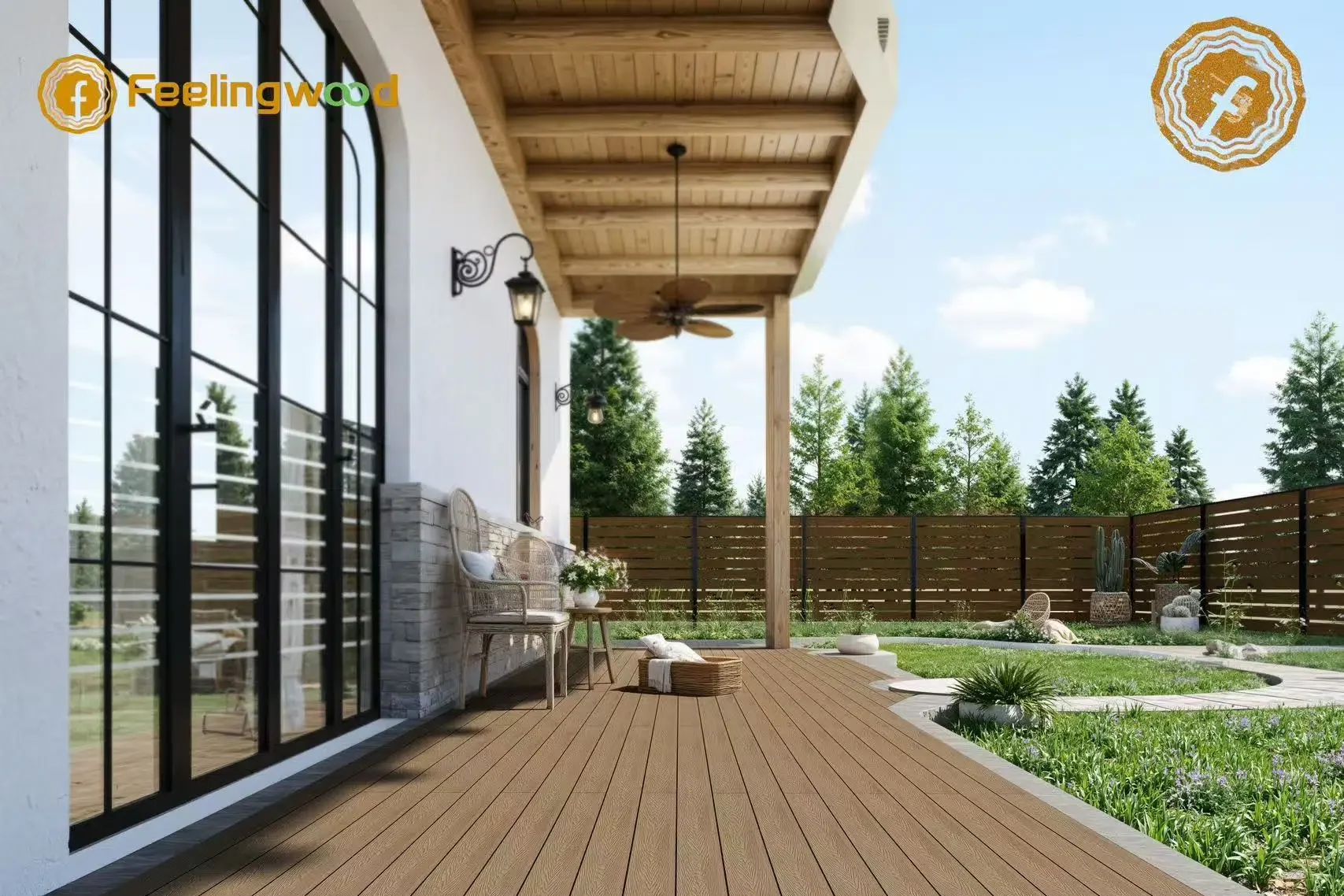 A bright residential backyard patio featuring Feelingwood light brown WPC composite decking and matching horizontal fencing, showcasing a cozy outdoor seating area with wicker furniture and lush greenery. This WPC decking is suitable for Canadian homes, offering weather resistance and low maintenance to withstand cold climates.