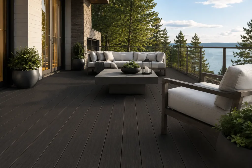 FeelingWood dark composite decking solution for a modern lakeside terrace, creating a refined outdoor living area with glass railing, lounge seating, and natural landscape views.