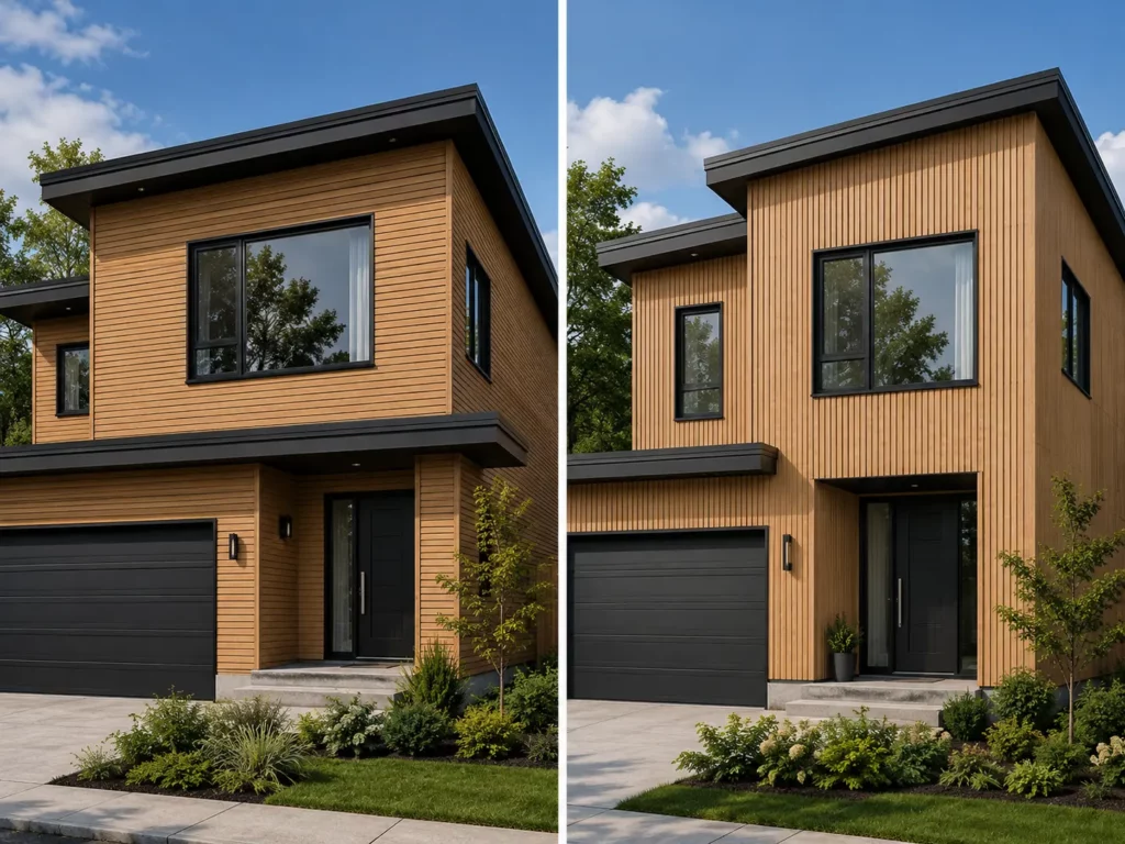 Comparison of horizontal and vertical WPC cladding on a modern Canadian home by FeelingWood, illustrating style, visual proportions, and low-maintenance exterior performance.