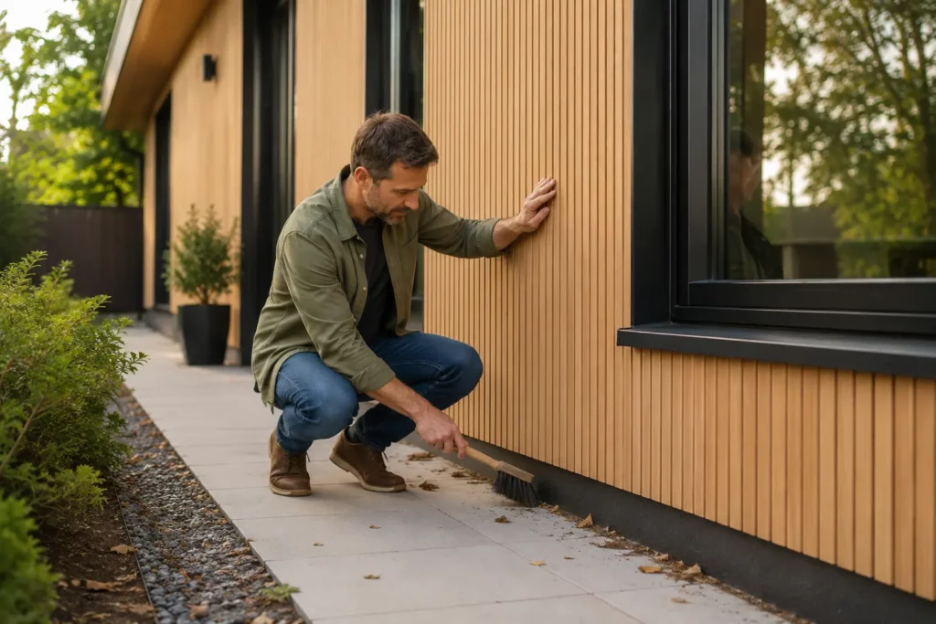 Homeowner performing light cleaning on vertical WPC cladding by FeelingWood on a modern Canadian home, highlighting low-maintenance exterior and durability.