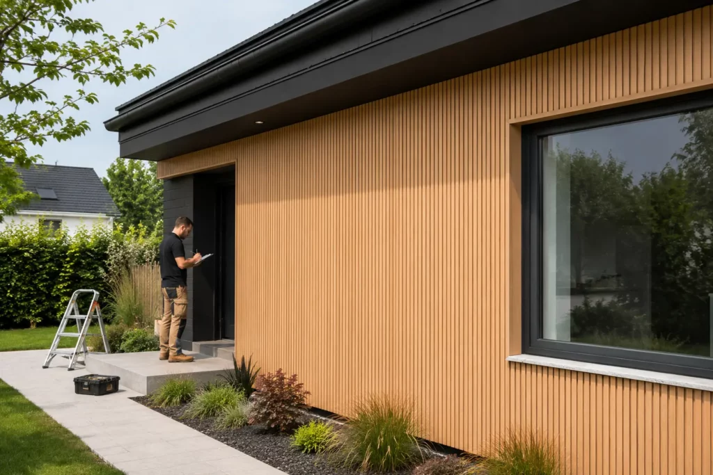 Professional inspecting vertical WPC cladding on a modern Canadian home by FeelingWood, highlighting precise installation, durability, and low-maintenance exterior.