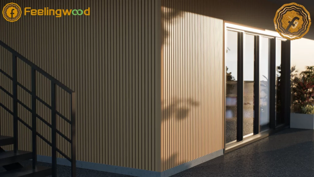 Modern Canadian home exterior featuring vertical WPC cladding by FeelingWood, highlighting height, sleek lines, and durable low-maintenance performance.
