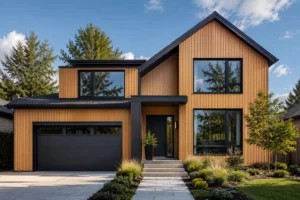 Front view of a modern Canadian home featuring vertical WPC cladding by FeelingWood, highlighting architectural design, durability, and low-maintenance exterior.