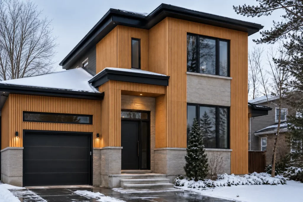 Modern Canadian home exterior in winter featuring vertical WPC cladding by FeelingWood, highlighting durability, low-maintenance performance, and architectural elegance.
