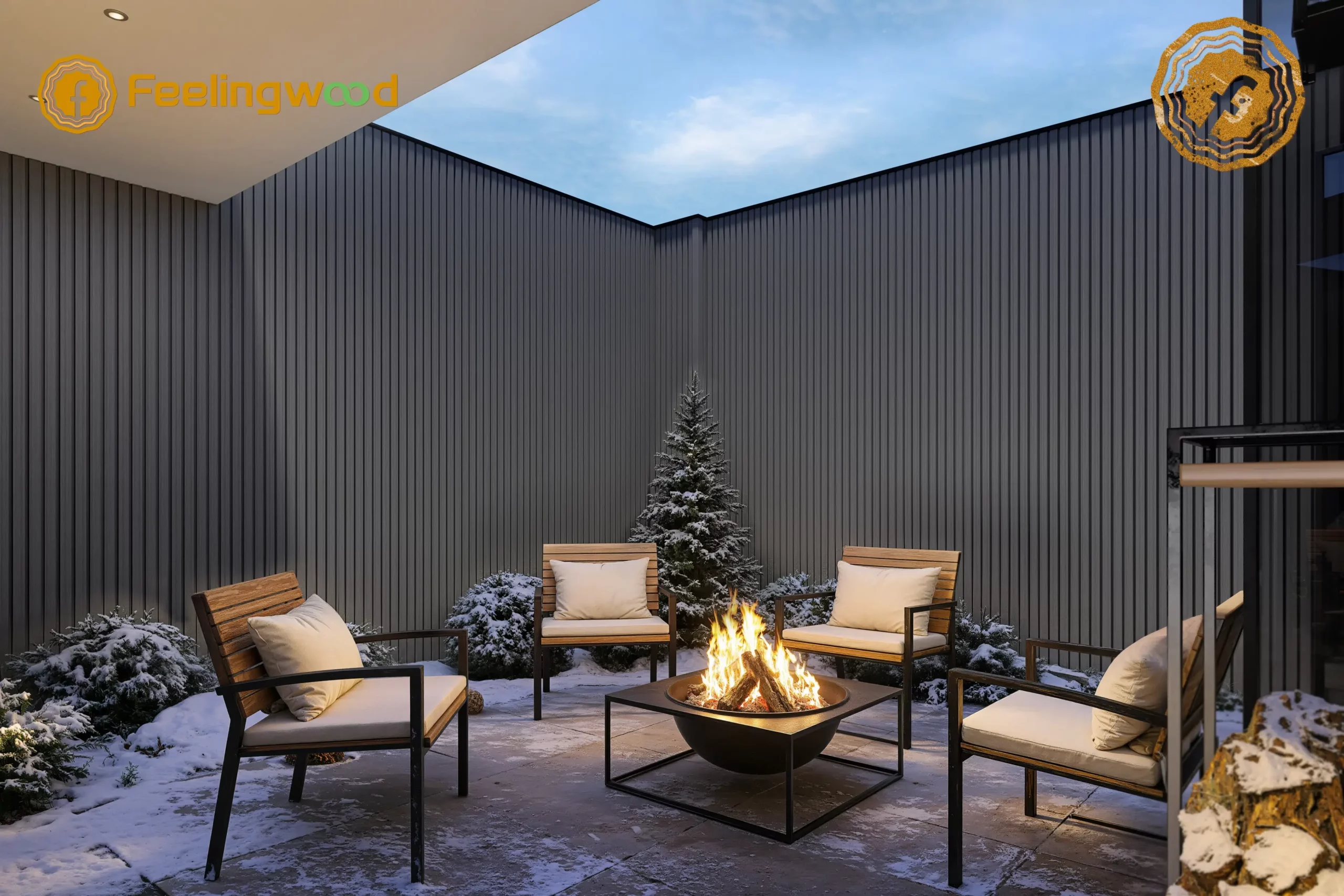Modern outdoor patio featuring dark gray Feelingwood fluted wall panels, surrounded by snow-covered landscaping, a central fire pit, and wooden lounge chairs, creating a cozy winter outdoor living space.