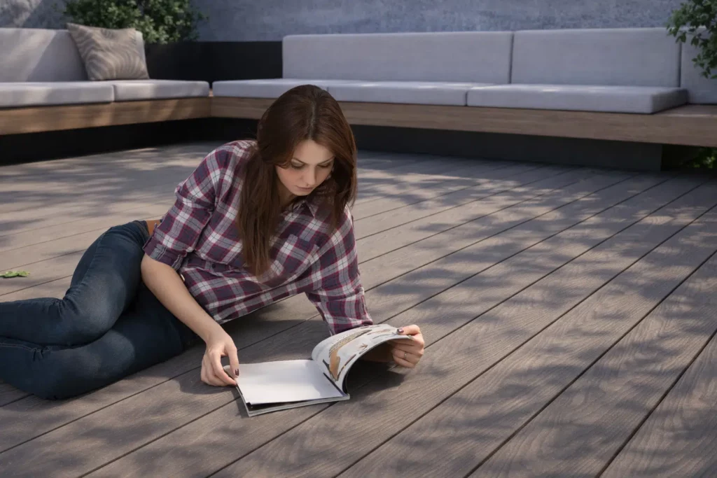 Feelingwood WPC deck in Canadian backyard, woman relaxing on weather-resistant composite decking, ideal for year-round Canadian outdoor spaces