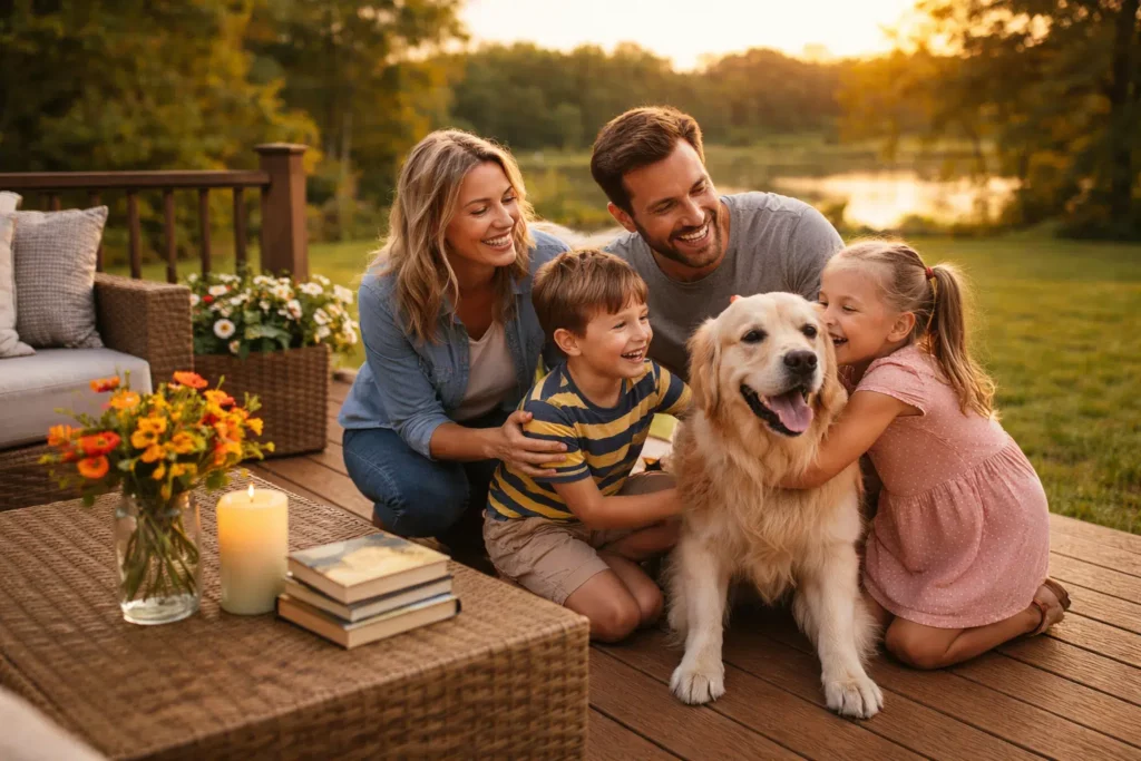 Canadian family with golden retriever enjoying time on pet-safe WPC composite deck in backyard, perfect outdoor space for Canadian families with kids and dogs