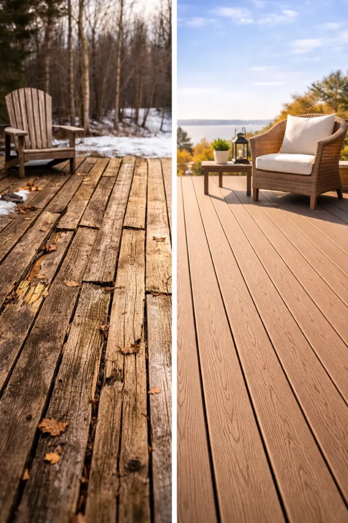 Traditional wood deck vs WPC composite deck in Canadian climate: old wood rots in Canadian winters, new composite deck stays pristine for years, low-maintenance solution for Canadian homes