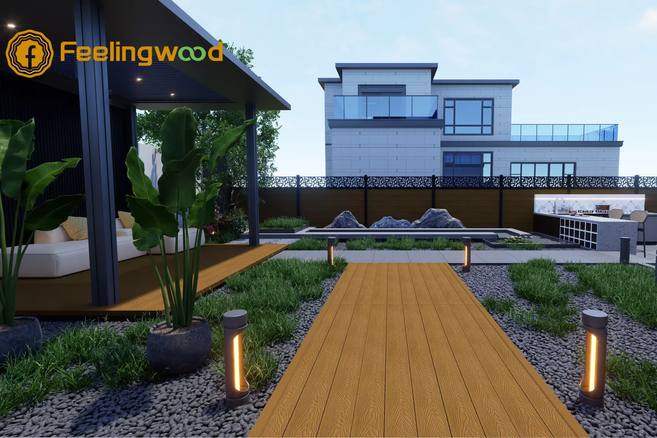 Luxury Canadian residential outdoor patio featuring Feelingwood WPC decking and fencing, showcasing modern exterior renovation design with low-maintenance, durable materials for long-term value.