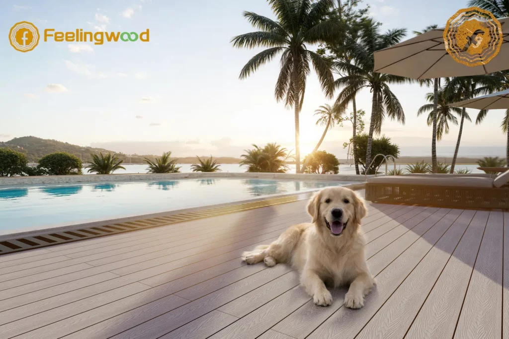 Feelingwood WPC pool deck in Canadian backyard, golden retriever enjoying pet-safe, weather-resistant composite decking by the pool