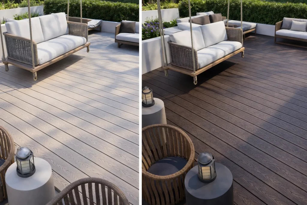 Side-by-side comparison of light grey vs dark brown WPC decking for small Canadian backyards, showcasing color options to maximize space in compact outdoor areas.