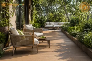 Clean composite decking in a lush outdoor living space with garden seating and natural shade, showing low-maintenance moisture management and long-term deck performance.
