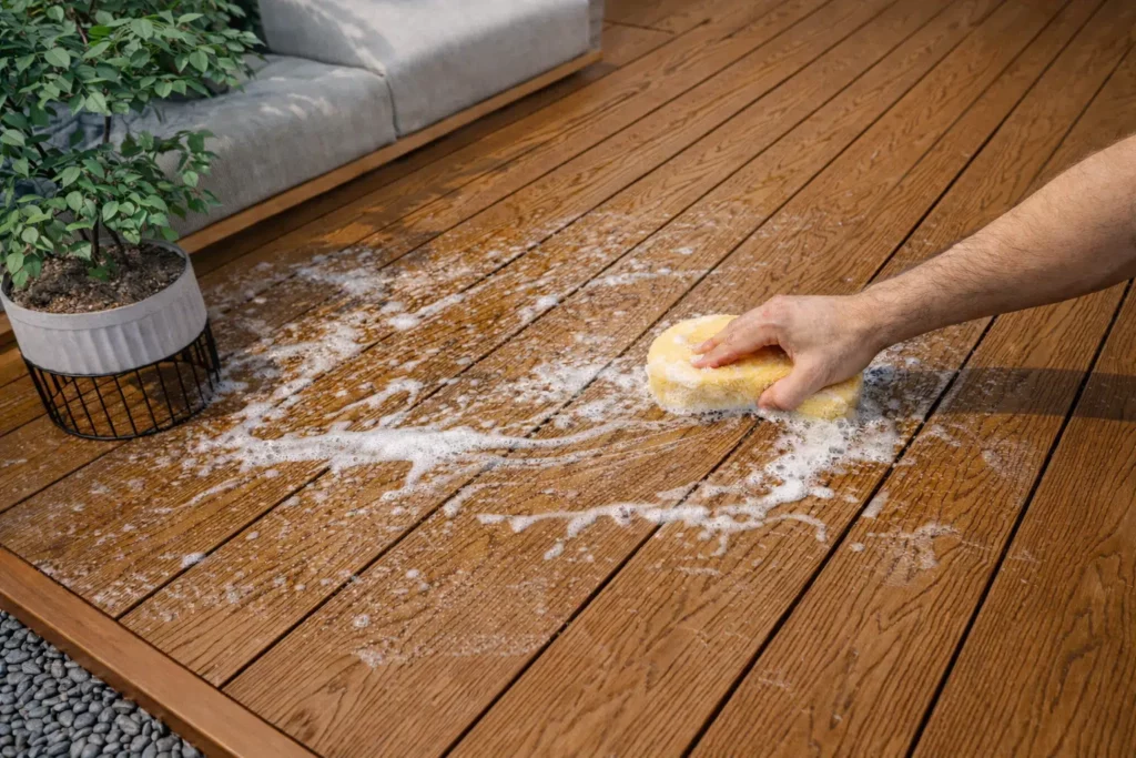 A person cleaning a brown wood-grain WPC composite deck with a soapy yellow sponge, creating suds on the patio surface. The scene includes a potted plant and outdoor furniture, demonstrating the easy, low-maintenance cleaning process for durable outdoor flooring.