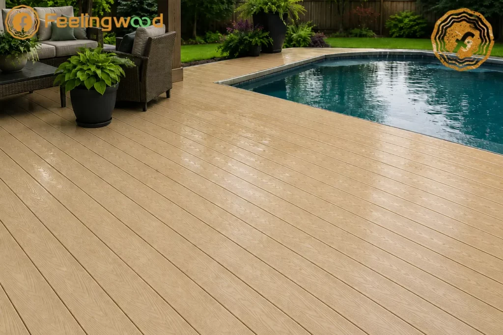 Poolside composite decking with a slightly wet surface, outdoor furniture, and garden plants, showing seasonal moisture maintenance and drainage awareness.