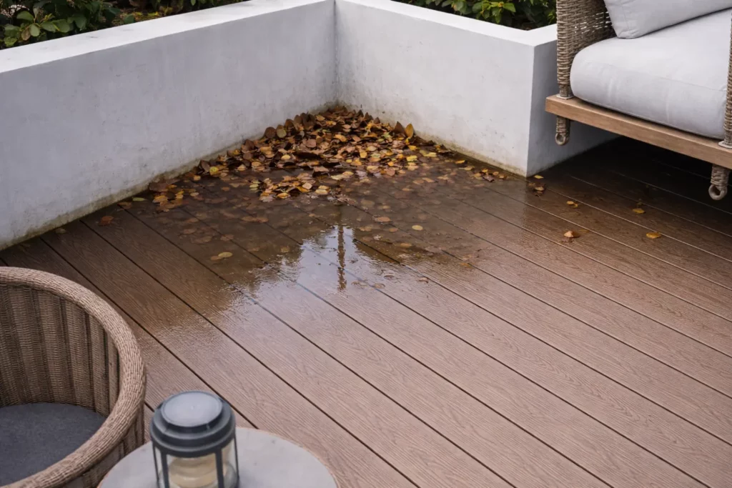 Small Canadian backyard showing typical water pooling and dust build-up on compact deck areas, common drainage and moisture issues for small patio outdoor spaces.