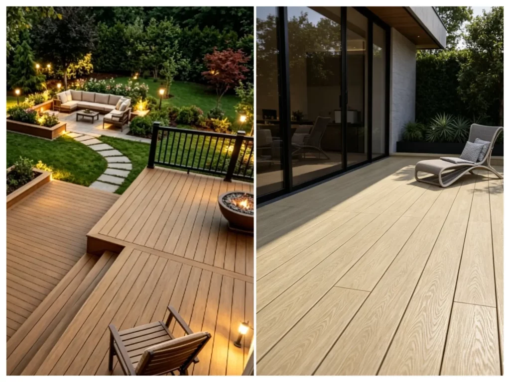 Side-by-side comparison of composite decking for small vs large backyards in Canada: compact WPC deck for small space and spacious deck for large yard, ideal for Canadian outdoor living.