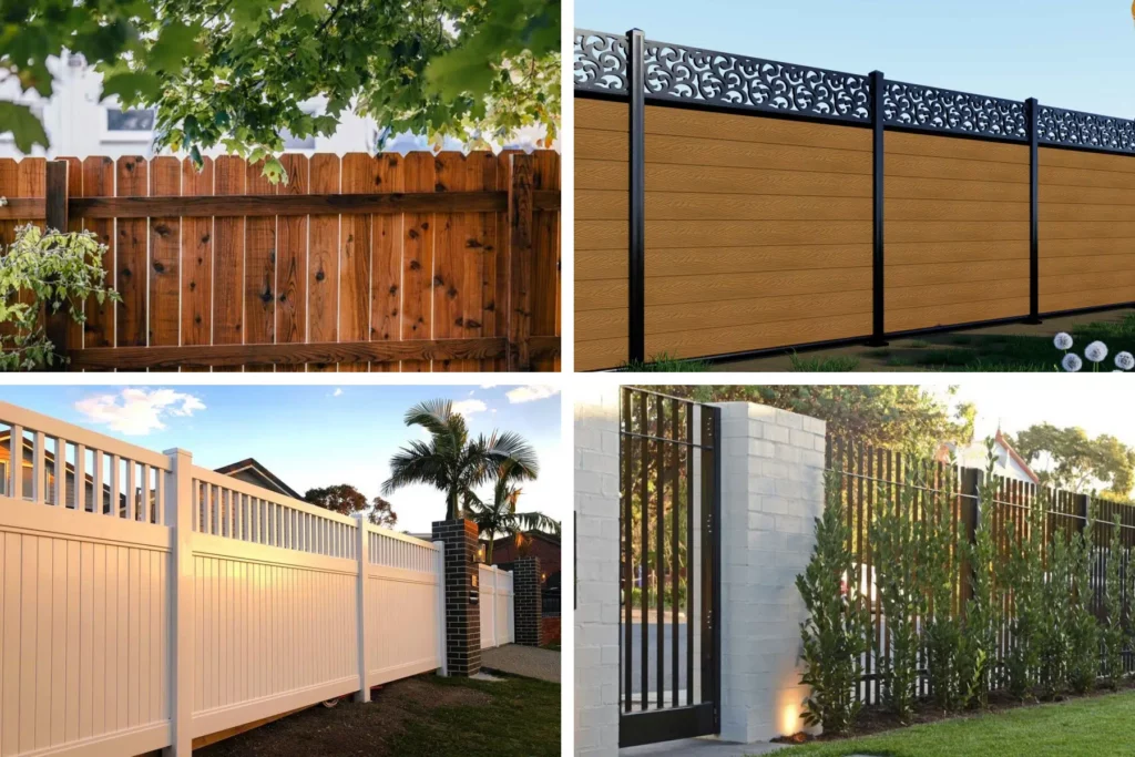 Four-panel comparison of residential outdoor fencing materials: top-left traditional wood picket fence, top-right WPC composite fence with decorative metal trim, bottom-left white PVC privacy fence, bottom-right modern metal and wood slat fence. Highlights the durability, maintenance, and aesthetic differences between wood, WPC, PVC, and metal fencing for backyard privacy and curb appeal.