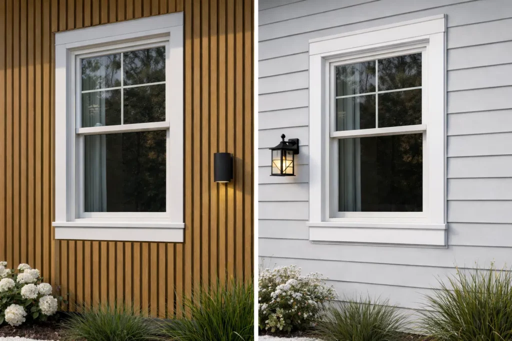 Side-by-side comparison of WPC cladding and traditional vinyl siding for Canadian residential exterior cladding renovation projects, highlighting texture, appearance, and long-term performance differences.