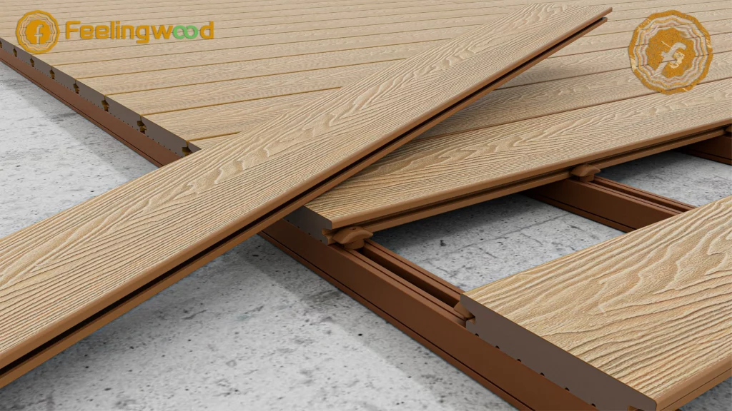 Close-up view of fast-install composite decking substructure showing joist layout, connectors, and board alignment on Canadian installation site