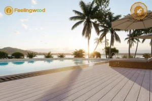 Completed WPC decking at poolside, showing aligned boards and stable joist substructure with scenic outdoor view in Canadian installation site