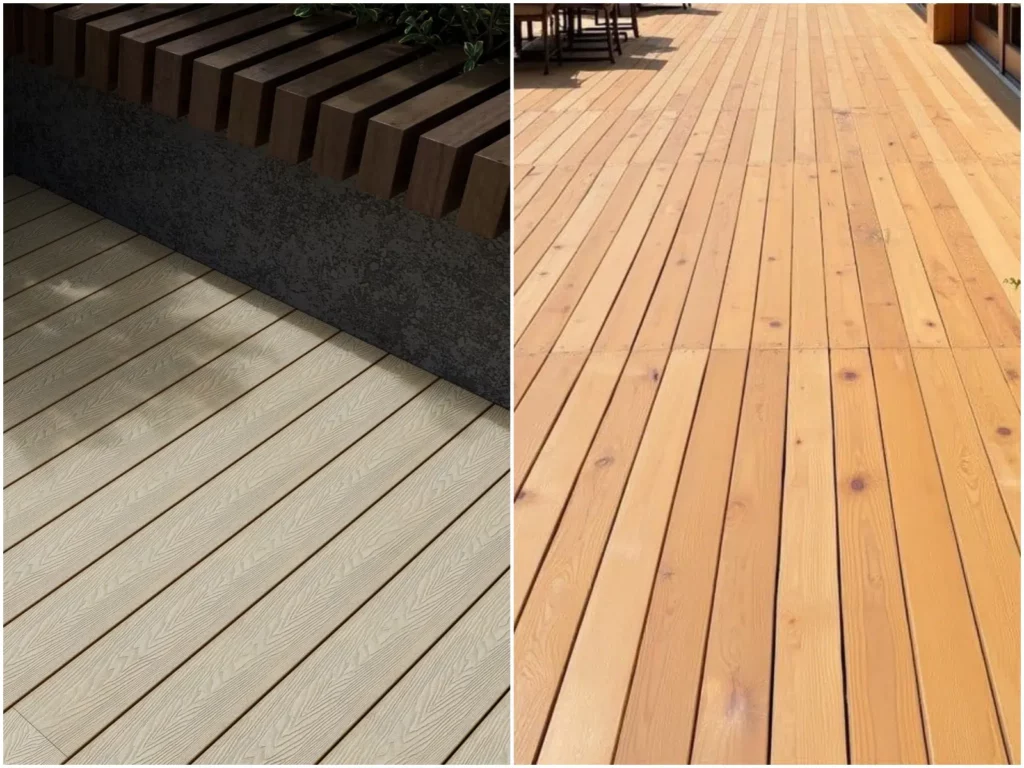 Side-by-side comparison of WPC decking (left) and traditional wood decking (right) for Canadian residential exterior renovation projects, highlighting material texture and appearance differences.