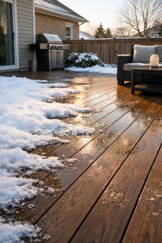 WPC decking withstanding Canadian winter snow and freeze-thaw cycles, showcasing weather-resistant composite decking for small backyards in Canada.