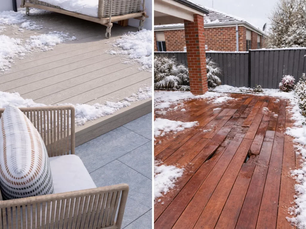 Side-by-side comparison: Left shows a well-maintained Feelingwood WPC composite deck covered in snow, with flat, intact planks. Right displays a weathered wooden deck with cracked, warped, and water-damaged planks after winter snow exposure, demonstrating the superior durability and low-maintenance advantages of WPC decking in cold, snowy climates like Canada.