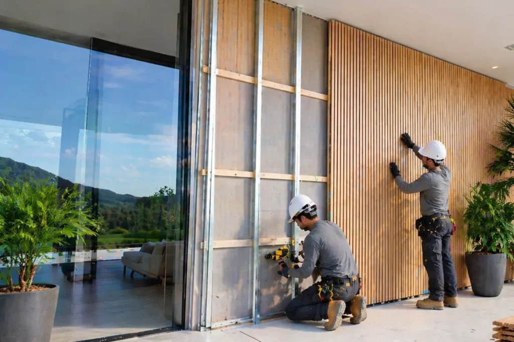 WPC exterior cladding being installed by construction crew on modern home wall