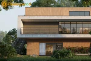 full view of modern home exterior with WPC cladding, showing upper and lower floors and surrounding greenery