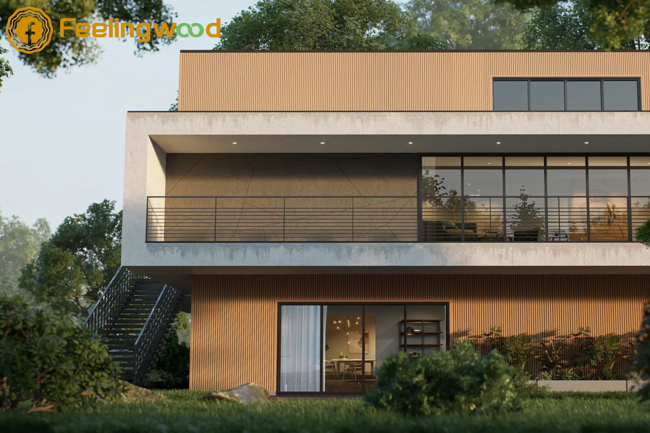 full view of modern home exterior with WPC cladding, showing upper and lower floors and surrounding greenery