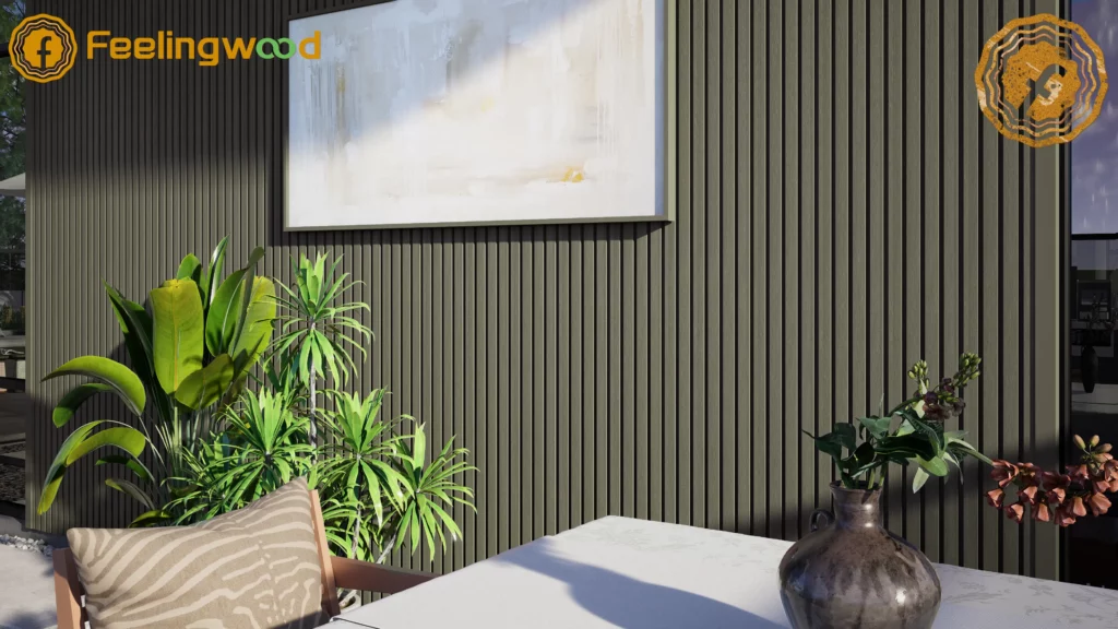 WPC exterior cladding on modern home with sunny patio, outdoor furniture, and surrounding plants