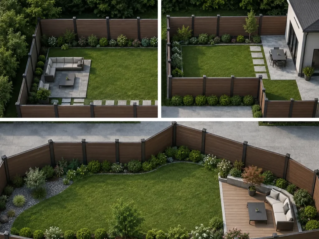Top-down view of multiple Canadian backyard layouts with WPC fencing, showing rectangular, L-shaped, and angled yard designs. Evenly spaced posts and properly aligned panels illustrate system-level planning for stability, durability, and visual consistency by FeelingWood.