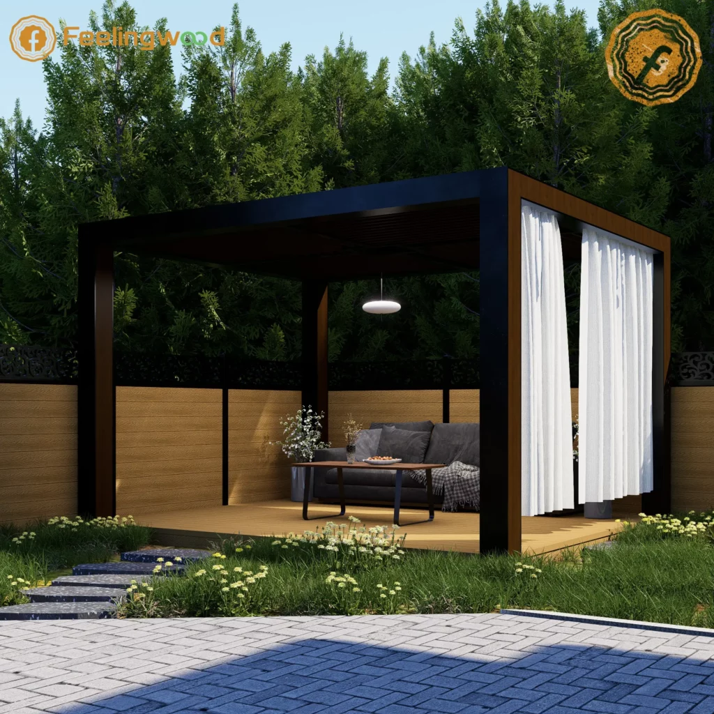Canadian backyard featuring a WPC fence with evenly spaced posts, clean panels, and landscaped greenery. The scene illustrates proper seasonal maintenance, structural stability, and visual appeal of WPC fencing by FeelingWood.