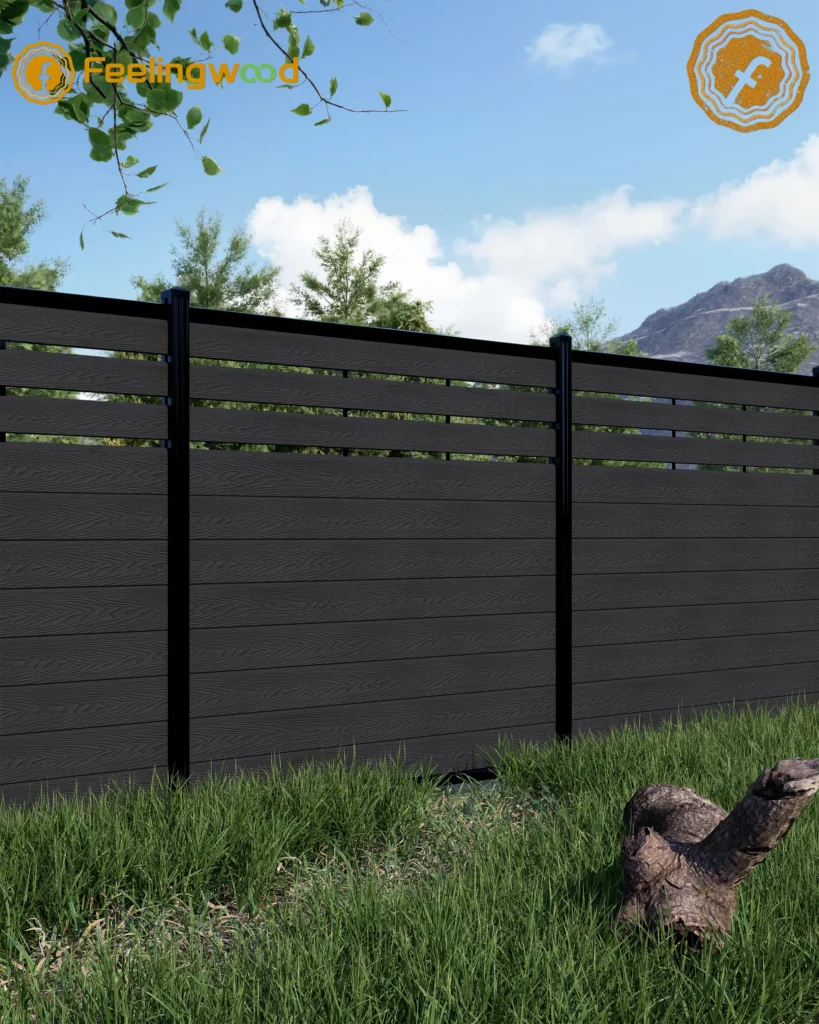 WPC backyard fence on slightly sloped terrain in Canada, showing evenly spaced posts and horizontal panels. Proper post placement demonstrates system-level planning for stability, durability, and long-term performance by FeelingWood.