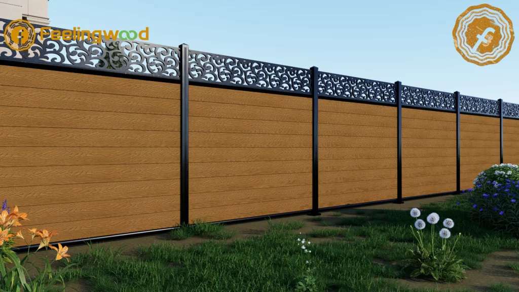 Close-up view of a Canadian backyard WPC fence with decorative top panels and evenly spaced posts, illustrating proper post placement and alignment for stable, durable, and visually appealing fencing by FeelingWood.