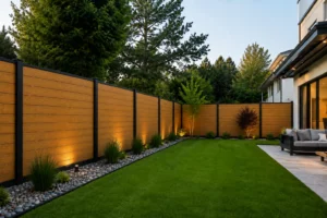 Evening view of a Canadian backyard with a WPC fence and evenly spaced posts, illuminated by soft landscape lighting. The layout demonstrates proper post placement, stability, and aesthetic appeal, showcasing FeelingWood system-level planning.