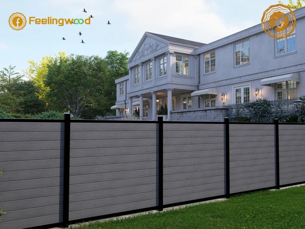 Modern WPC composite fence in a Canadian backyard with green grass and contemporary outdoor furniture, highlighting durability and style.