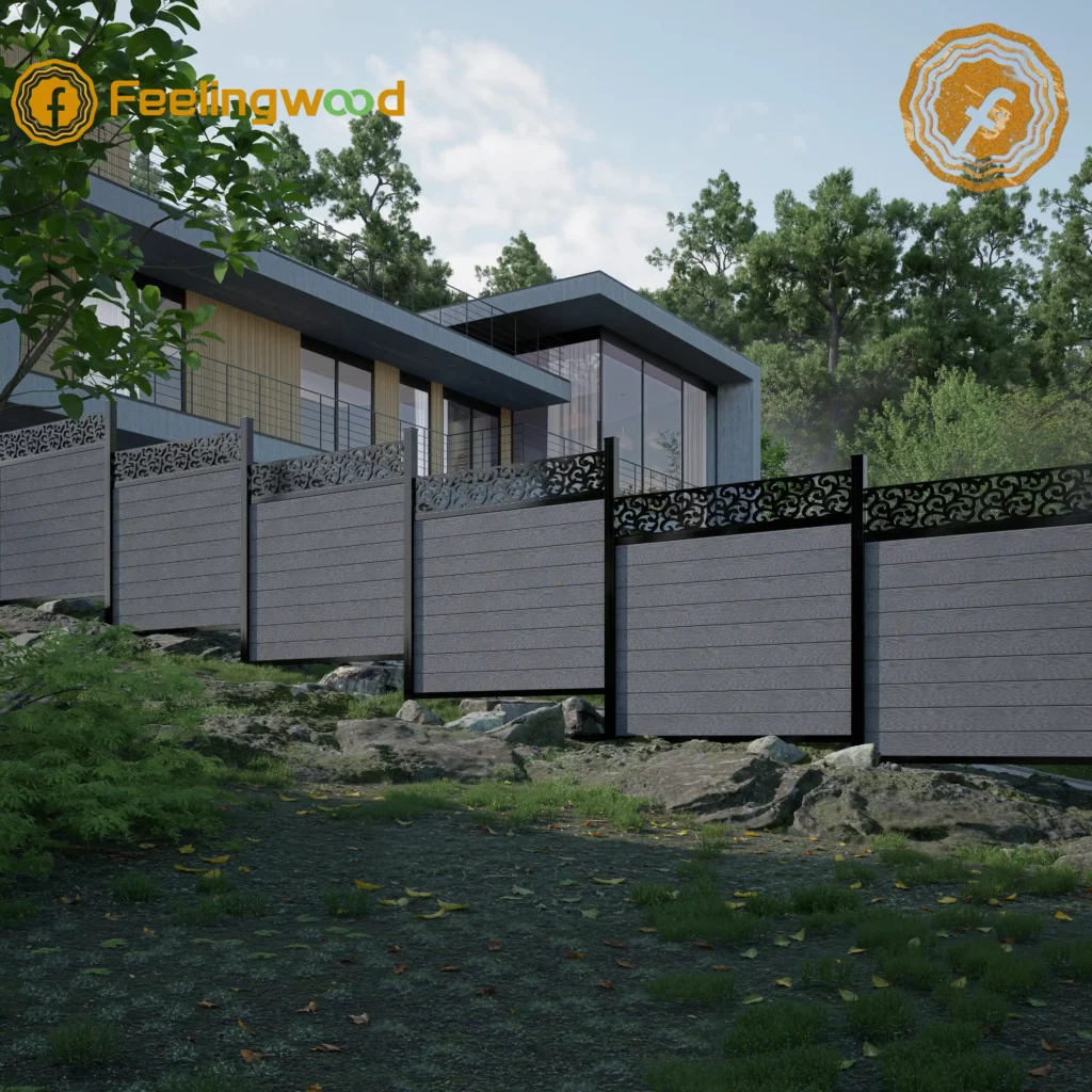 Modern Canadian backyard featuring a completed WPC fence with evenly spaced posts and decorative panels, demonstrating proper post spacing and system-level planning by FeelingWood for stable, durable, and visually consistent fencing.