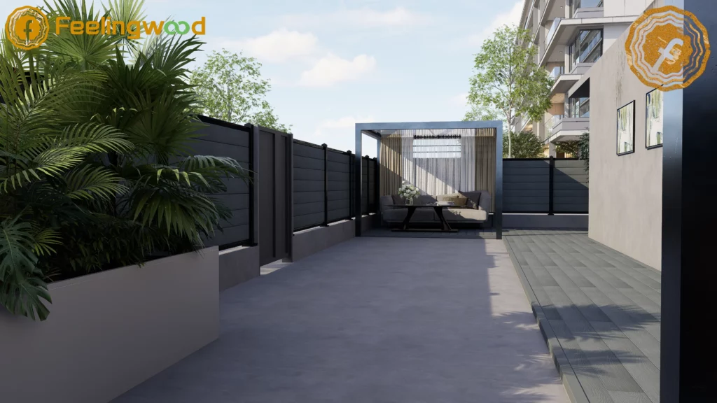 Modern outdoor patio with a WPC privacy fence and evenly spaced posts, including a matching gate. The layout demonstrates proper post placement for stability, visual consistency, and functional backyard zones, showcasing FeelingWood system-level planning.