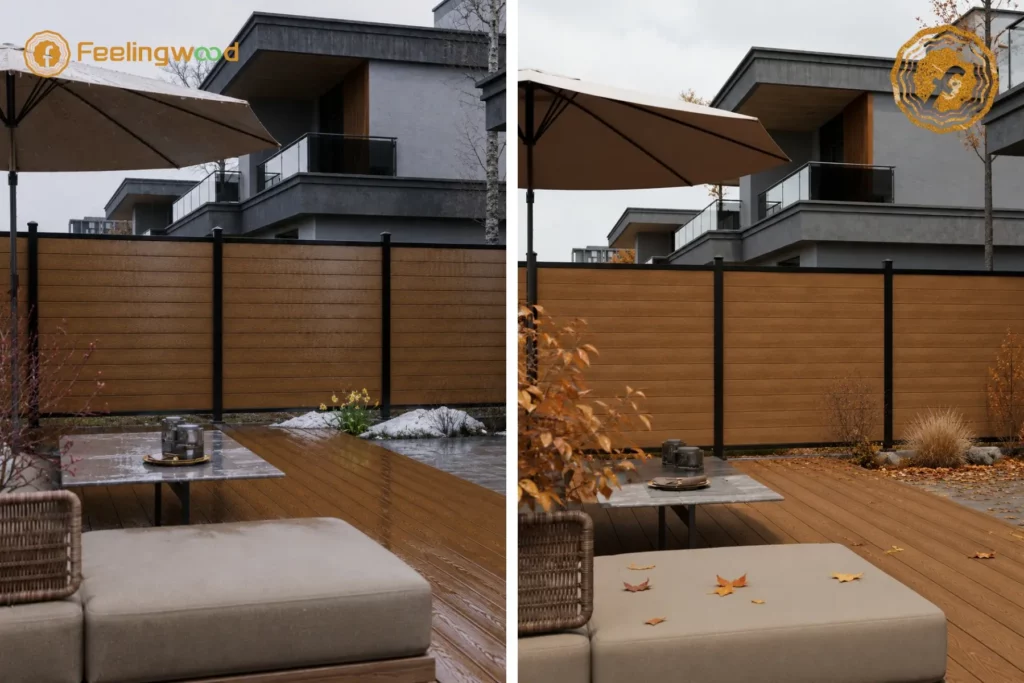 Side-by-side comparison of a Canadian backyard WPC fence showing spring maintenance on one side and autumn maintenance on the other. The image highlights seasonal care differences, including greenery, fallen leaves, and proper fence upkeep for stability and durability by FeelingWood.