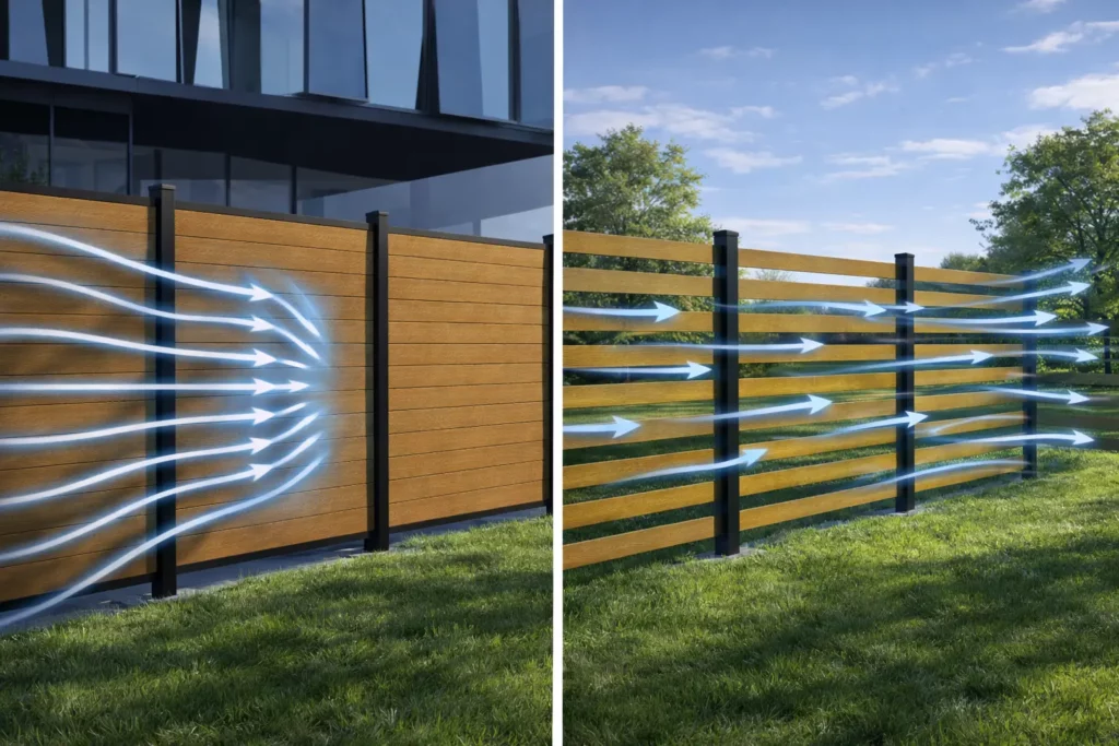 Side-by-side comparison of solid vs slatted WPC fences showing superior airflow and wind resistance in Canadian backyards. The slatted design allows natural ventilation while maintaining privacy.