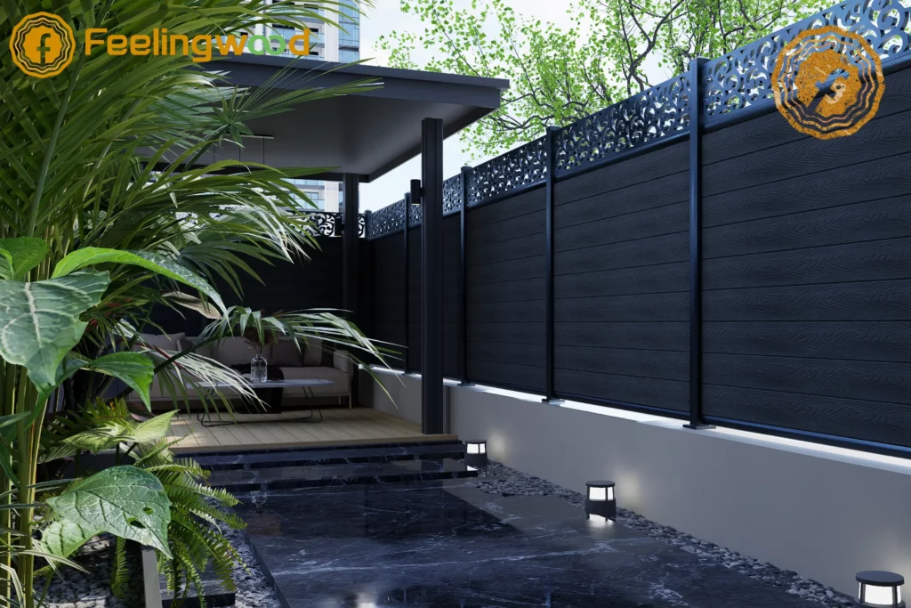 Canadian backyard WPC fence after spring maintenance, featuring clean boards, even post spacing, and well-kept landscaping with lush green plants. The image illustrates proper seasonal care and system-level planning for long-term durability by FeelingWood.