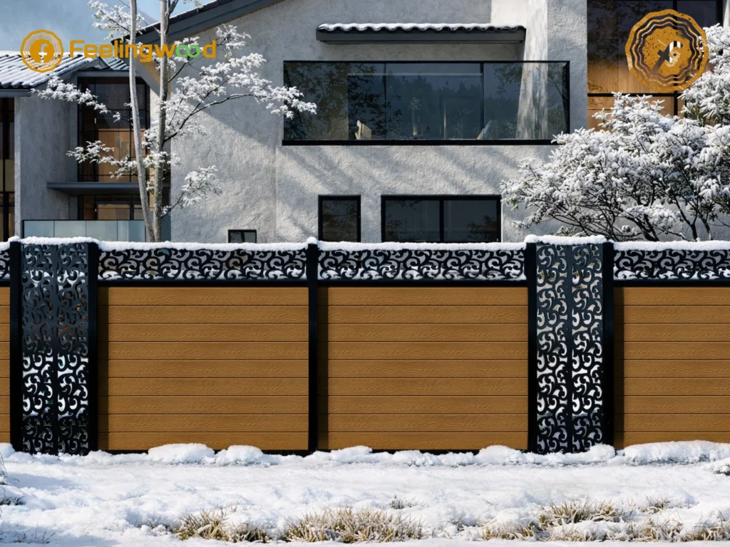 Canadian backyard WPC fence with evenly spaced posts covered in snow, illustrating winter maintenance and proper seasonal care to protect boards and preserve structural stability, demonstrating FeelingWood system-level planning.